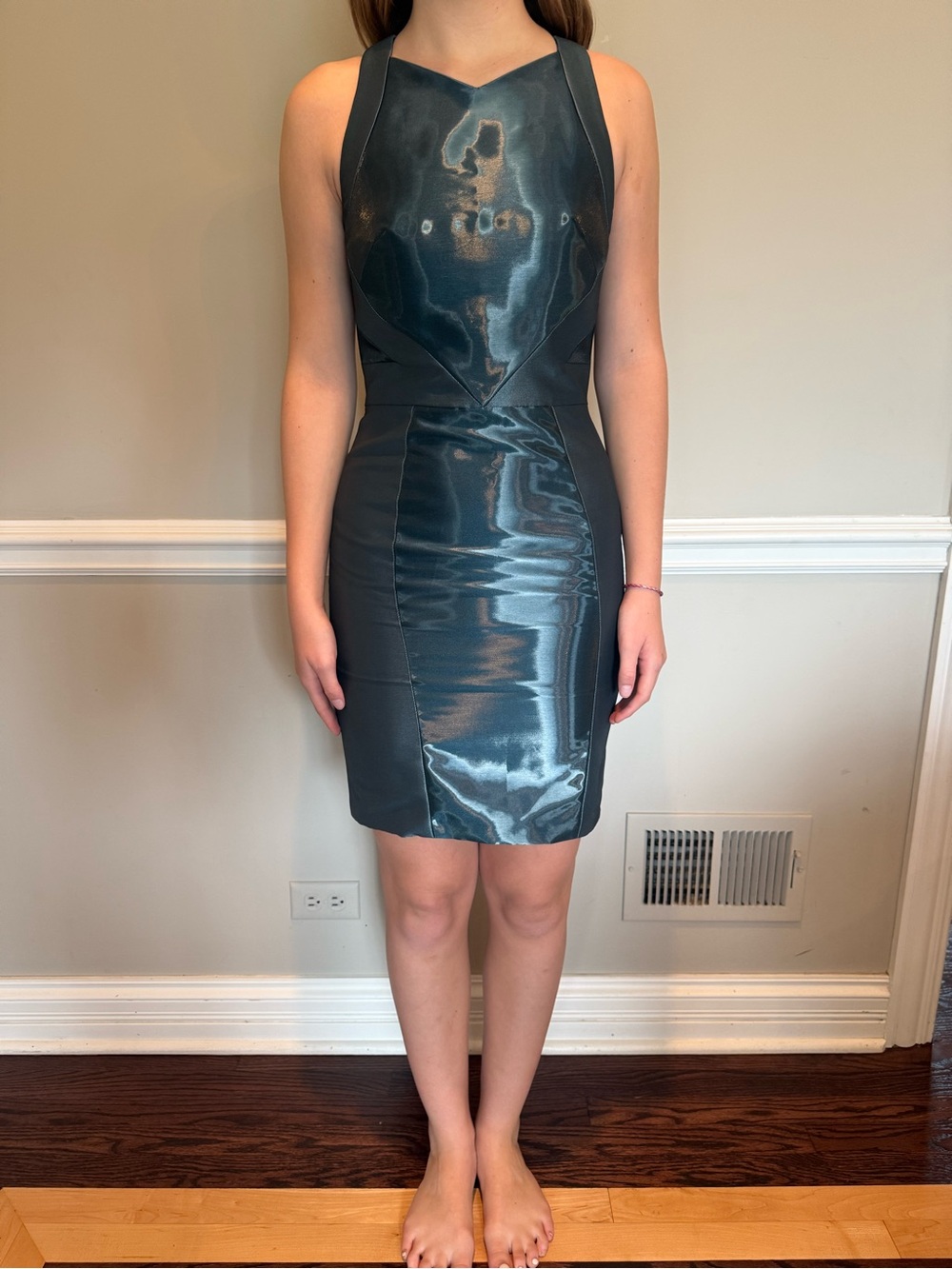 THEIA Sheath Cocktail Halter Dress Teal Metallic Size 2 EUC